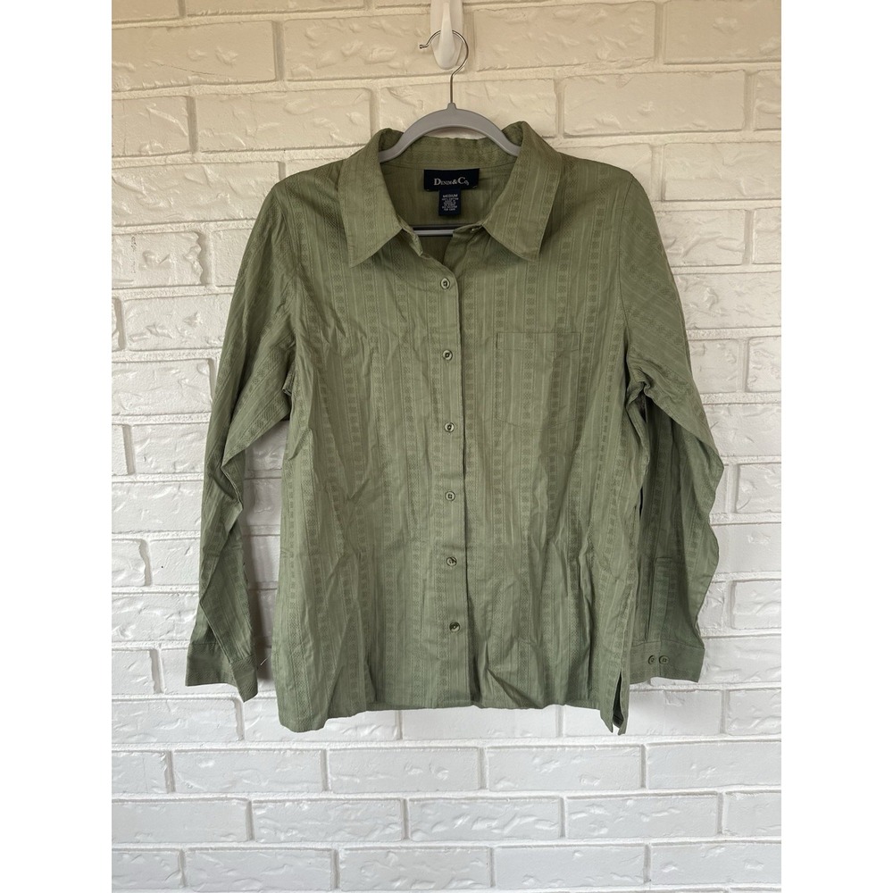Denim & Co Green Textured Button Front Shirt Women's Medium Long Sleeve